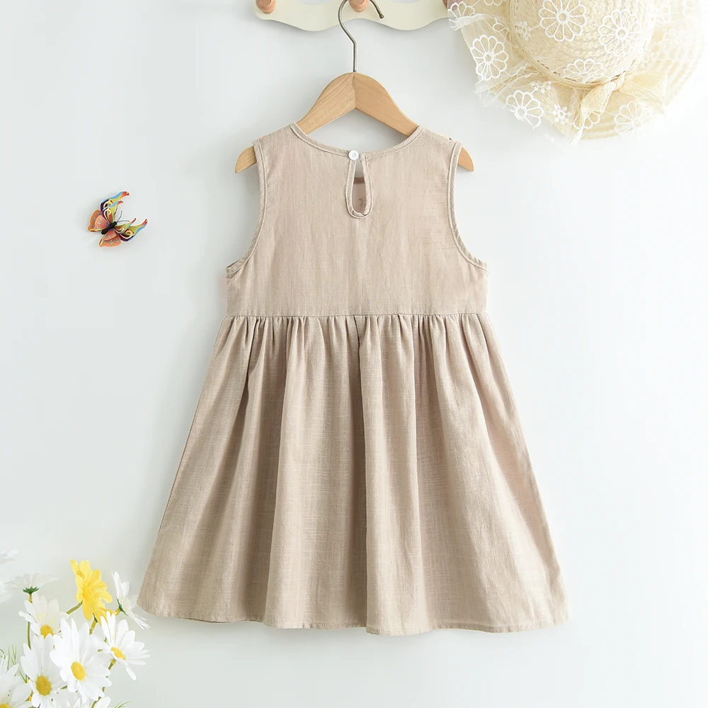 Bear Leader Summer New Korean Version Khaki Girls Dresses Flower Print Patchwork Dresses Sleeveless Round Neck Kids Clothes