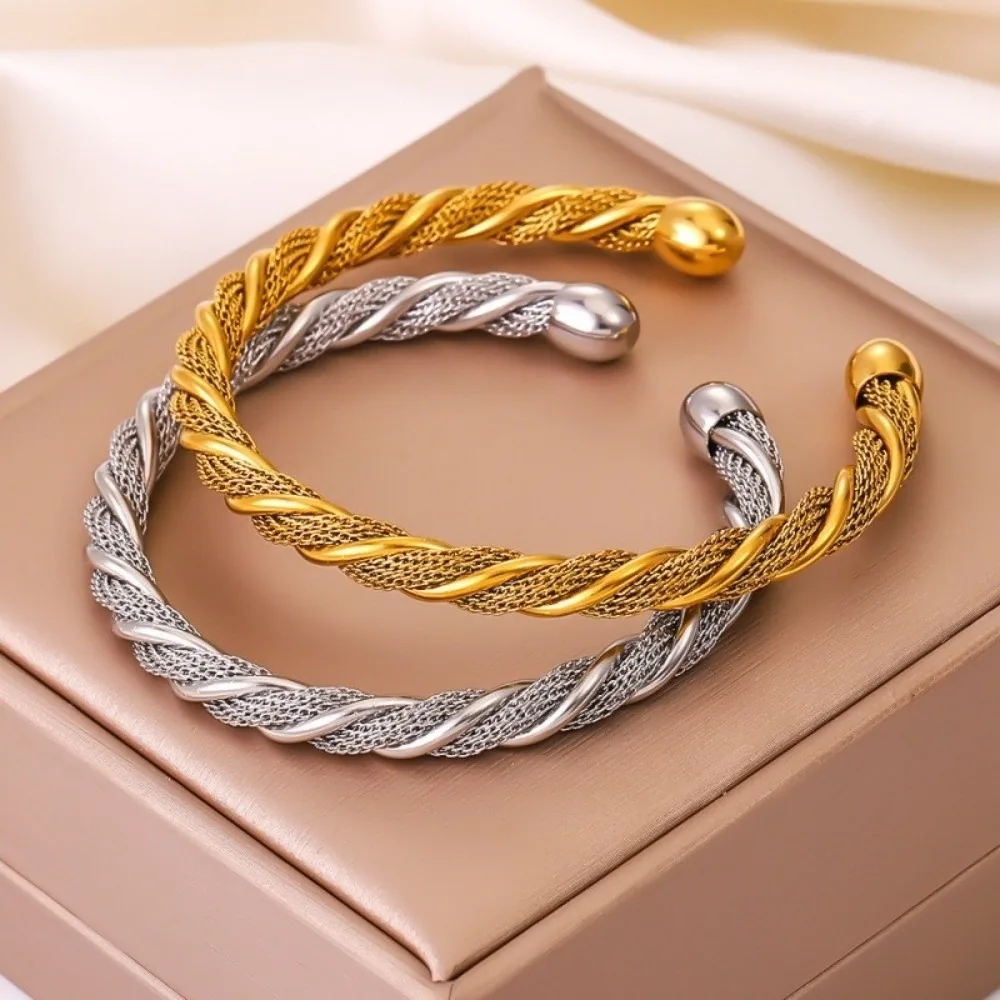 Delicate Twisted Wire Stainless Steel Bracelet Solid Color Non-Fading Open Bangle Waterproof Adjustable Woven Bracelet Gift Idea