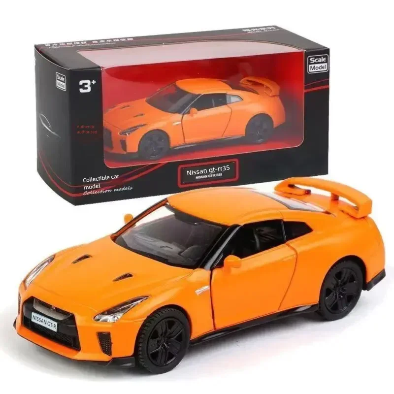 MAKEDA Nissan GT-R R35 1/36 Diecast Model Car, Orange, Alloy Toy with Pull Back, Open Doors, Gift for Kids