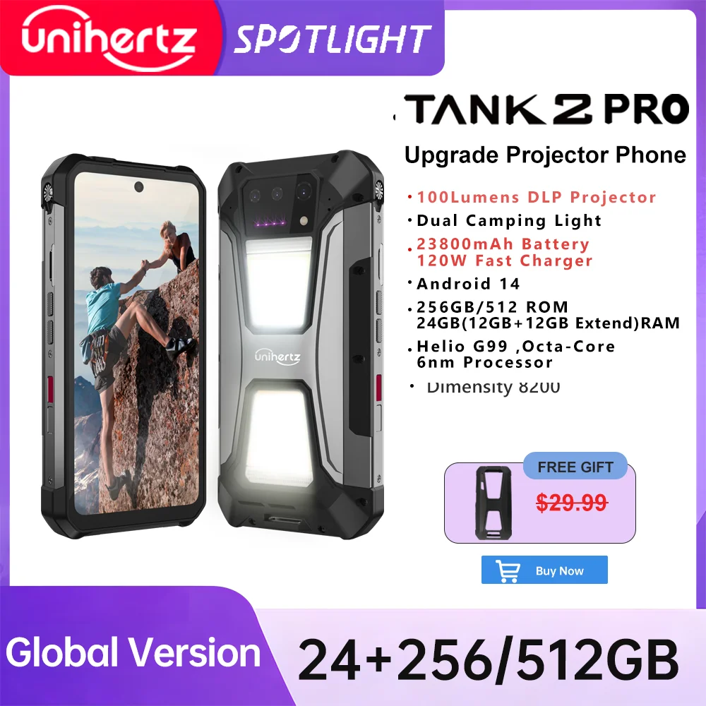 Unihertz tank 2 Pro 8849 rugged phone with projector, 100MP camera, 24GB 512GB, Android 14, 100MP, NFC, Helio G99, 23800mAh , 4G