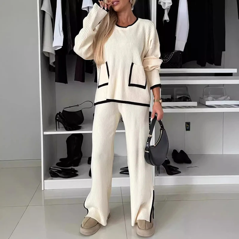 Fashion Contrast Color Two Piece Sets for Women Elegant O Neck Top Pullover & Split Pants Outfit Autumn Winter Rib Straight Suit