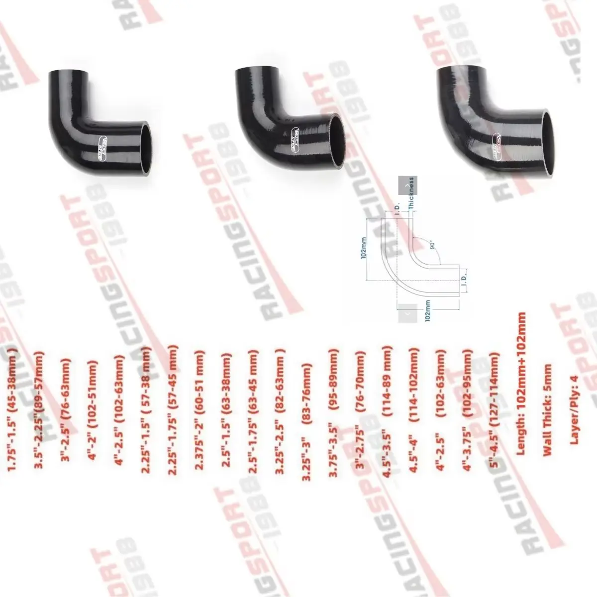 Black 4-PLY Lenght:102mm 90 Degree Elbow Silicone Hose Intercooler Coupler Reducer Turbo ID(mm):51 56 57 60 63 64 65 67 70 76 90