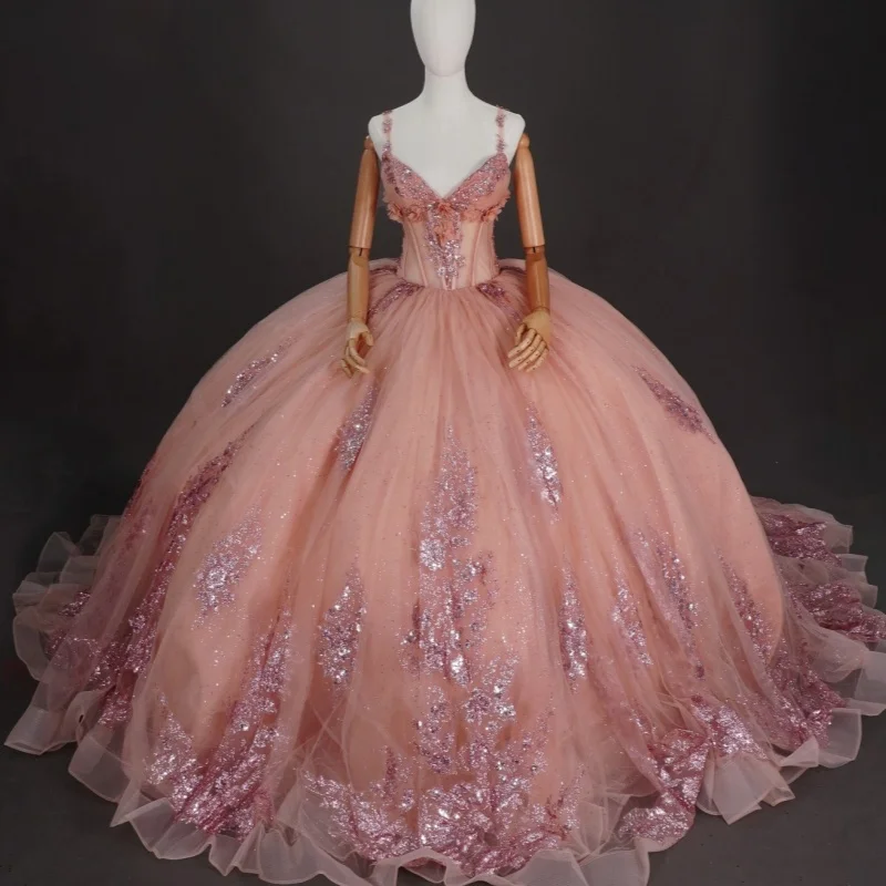 

Shiny Rose Pink Quinceanera Dress off-shoulder Lace glitter decal 3D flower Long tail vestidos de 15 Quinceanera ﻿Customize