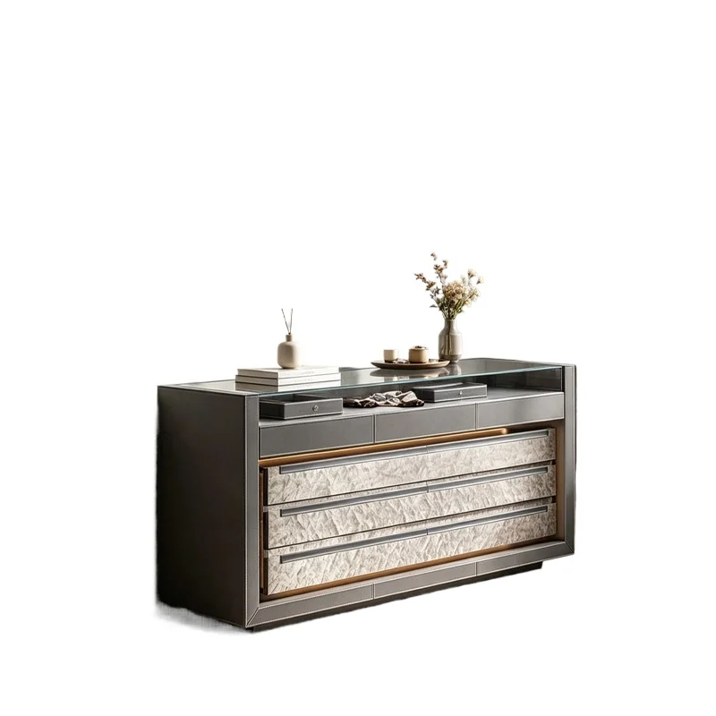 Luxury glass chest of drawers, full leather wrapped frame, LED light design, tempered glass top locker