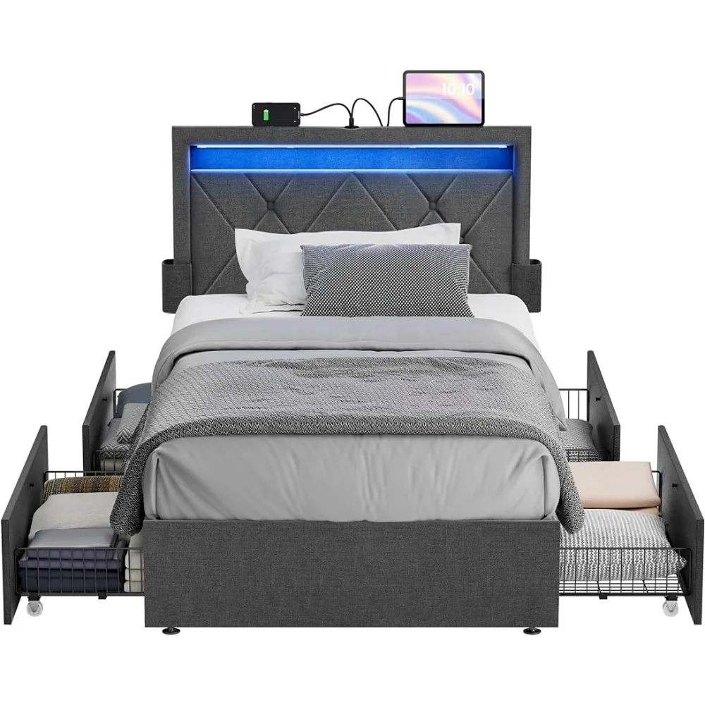 Bed Frame Twin Size with And 4 Drawers, 1 USB Port and 1 Type C Port, Adjustable Upholstered Headboard,Bed