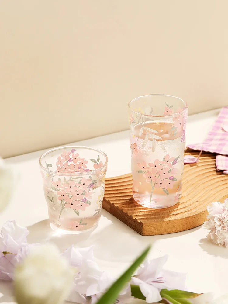 Spring Ins Popular Glass Cup 375ml 450ml Hyacinth Floral Printed Japan Style Round Cups Girls Home Office Juicy Milk Drinkware