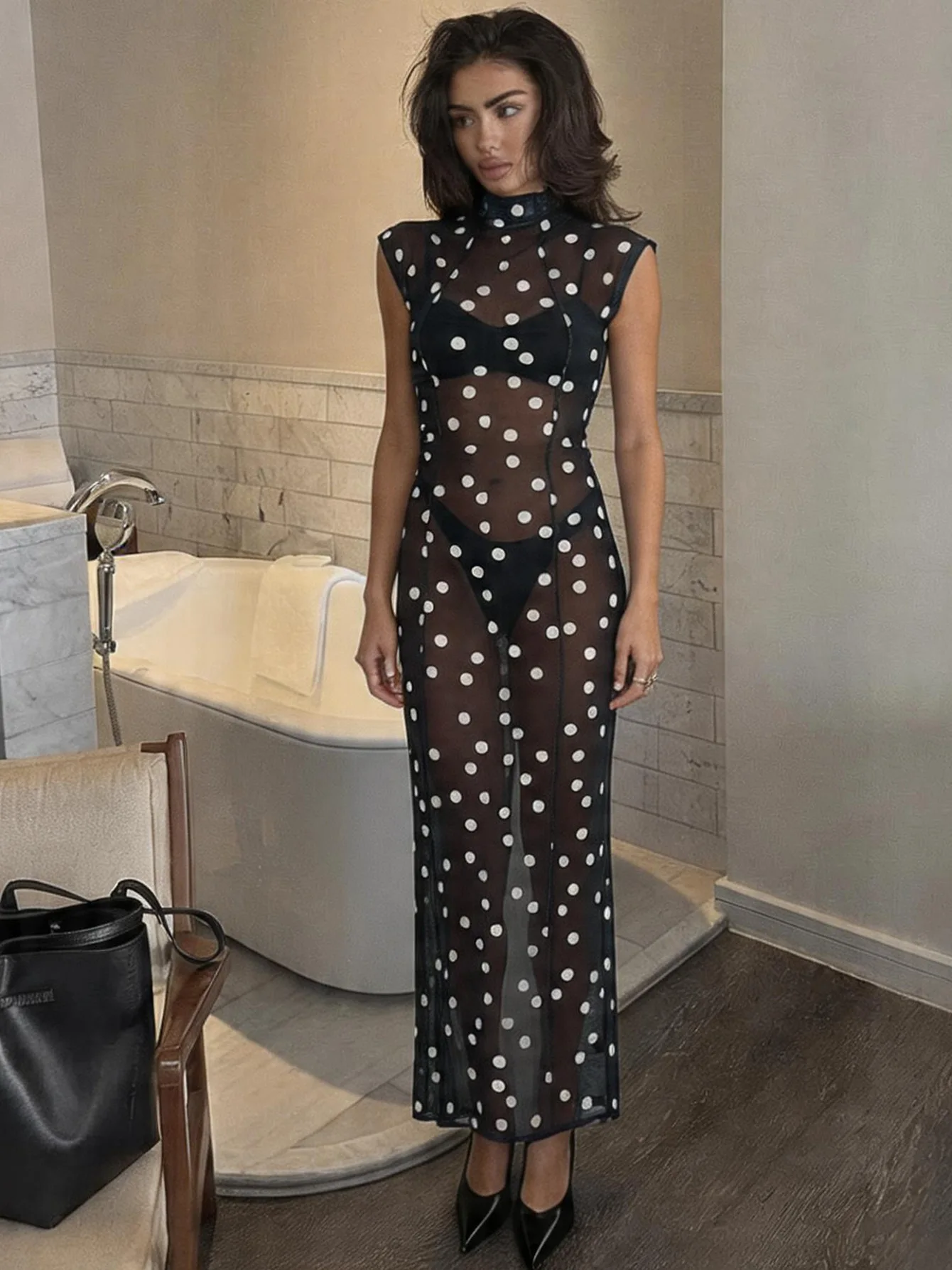 Sexy Polka Dot Long Dress for Women Transparent Turtleneck Slit Maxi Curvy Dresses Evening Party Black New Club Holiday Vacation view 4