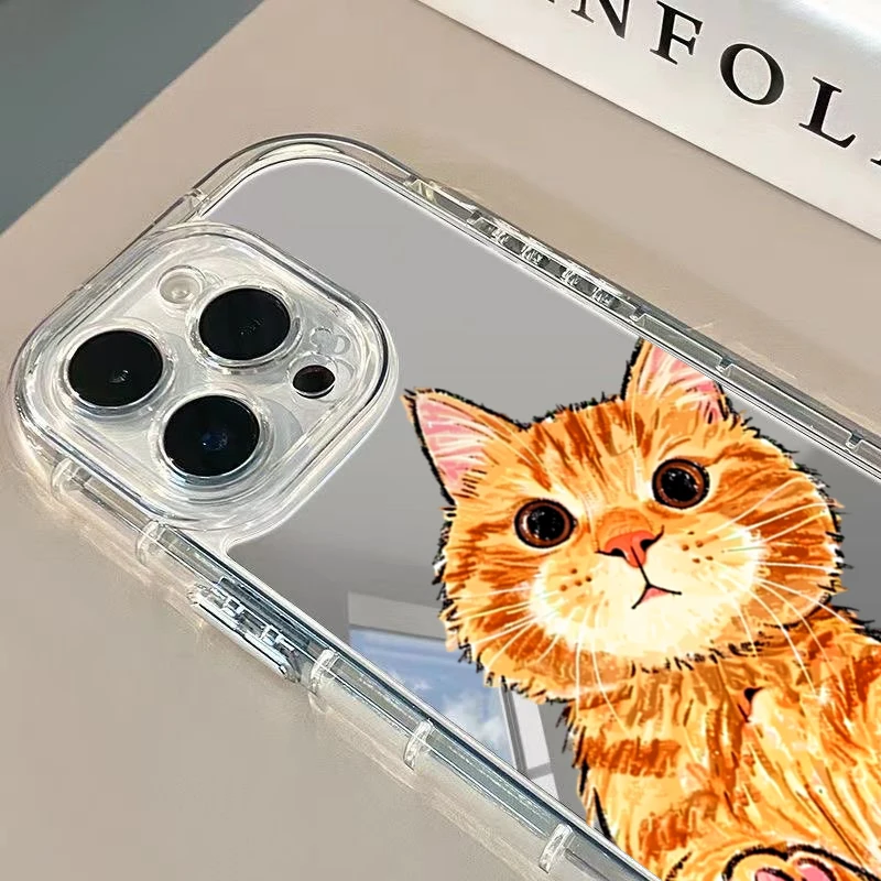 Cartoon Cute Orange Cat Mirror Phone Case For iPhone 11 12 13 14 15 16 17 Pro Max 7 8 Plus XR X XS 16E 17E Shockproof Back Cover view 2