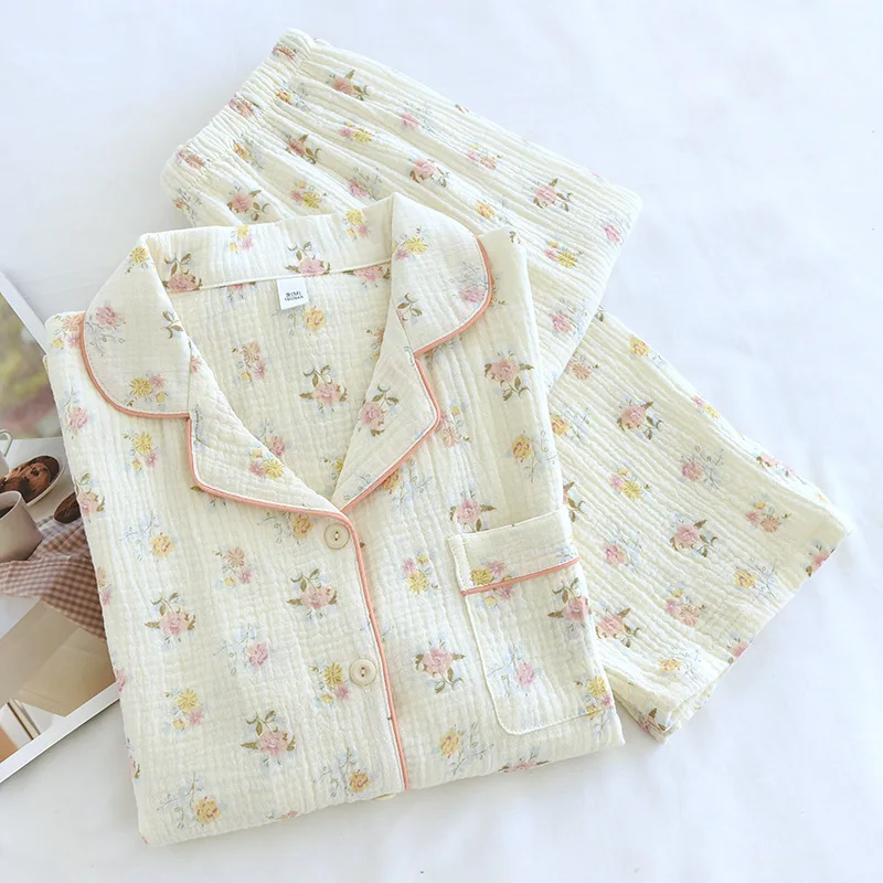 

Pure Cotton Long Sleeve Sleepwear Set for Women Home Clothes Cardigan Style Two-Piece Simple Design Comfortable Breathable