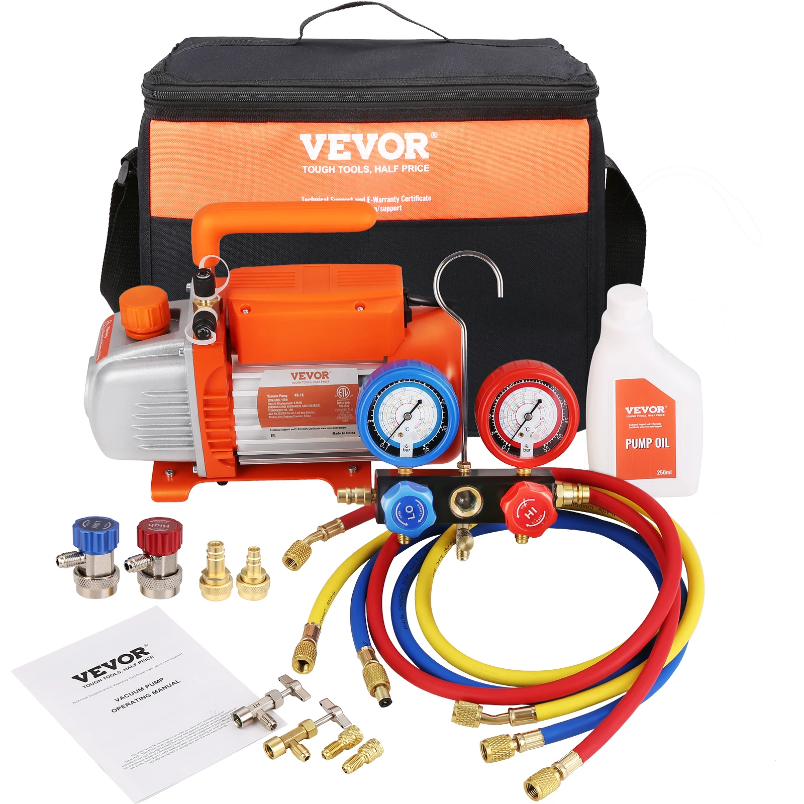 VEVOR 1/5HP 3.5CFM Vacuum Pump and Gauge Set Single Stage HVAC Air Vacuum Pump A/C Refrigerant Kit Applicable to R134a & R1234yf