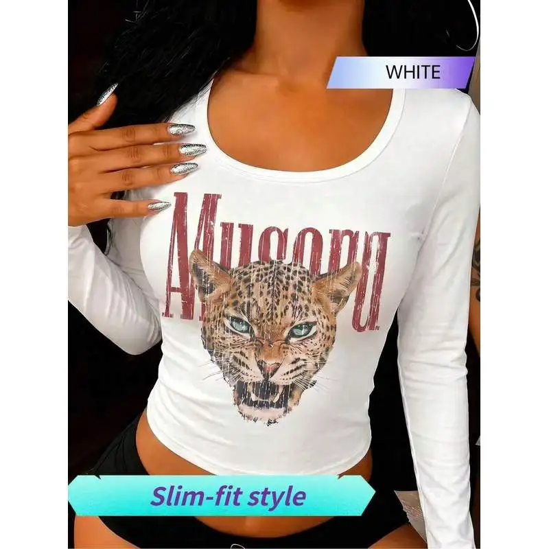 Women's White U-Neck Fitted Long Sleeve Cropped T-Shirt, Vintage Leopard Head & Letter Print Str,Tops,Shirts,Going Out Tops