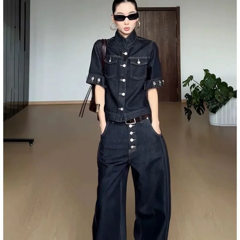 

Retro Single-Row Denim Suit Summer Short-Sleeved Jacket Advanced Two-Piece set Fashion Casual Loose Wide-Leg Trousers
