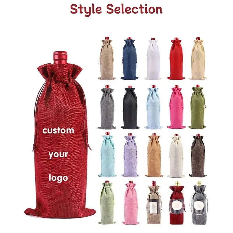 5pcs Custom Logo Imitation Linen Red Wine Bag Drawstring Bottle Bag Christmas Champagne Packaging Party Decoration Christmas