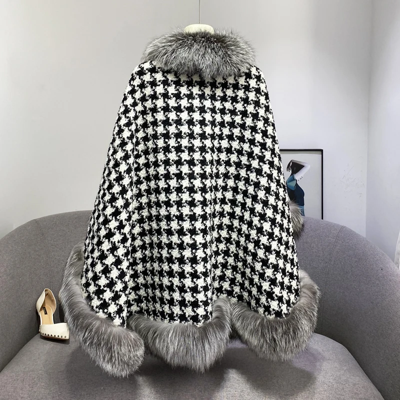 2022 Winter Women Cloak Plaid Thick Warm New Fashion Capes Ponchos Real Silver Fox Fox Fur Collar Tweed Shawl Coat Jacket