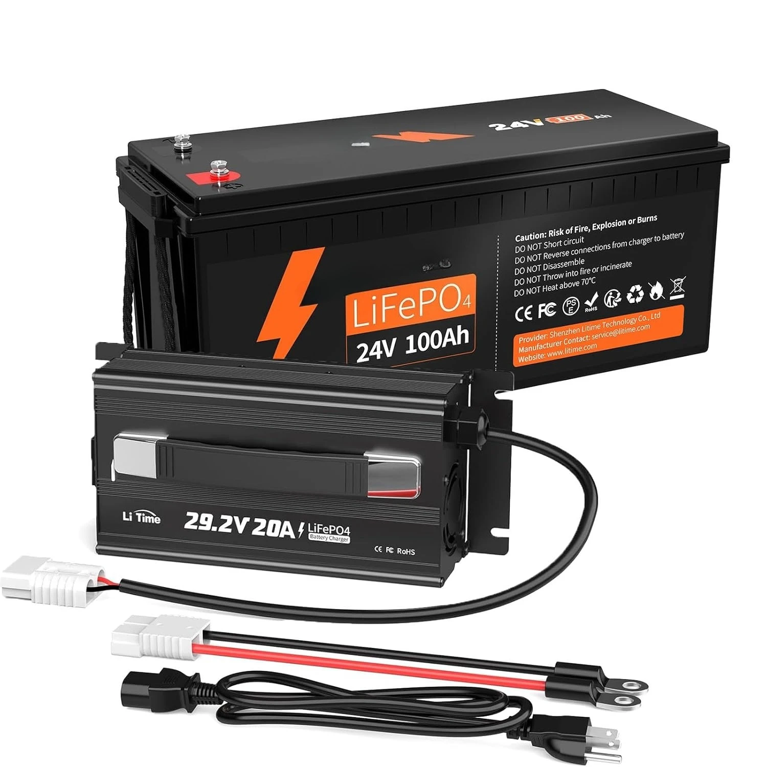

24V 100Ah LiFePO4 Lithium Battery with 29.2V 20A LiFePO4 Battery Charger, Built-in 100A BMS, Up to 15000 Cycles,, Customized