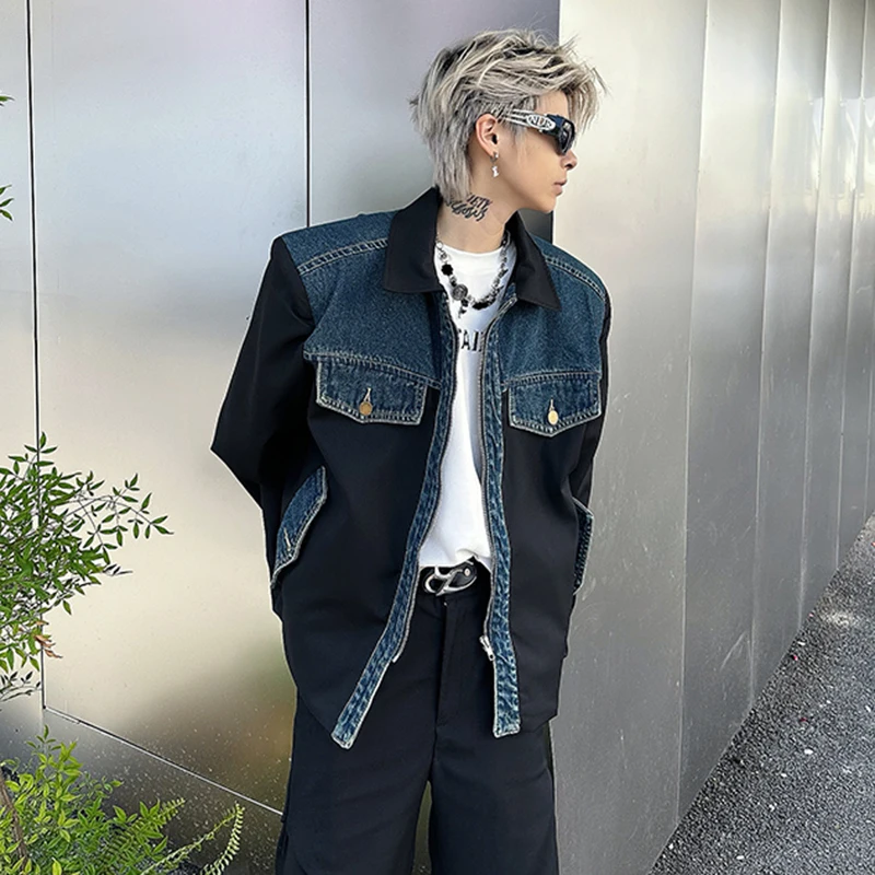 WTHT Fashion Men's Spliced Denim Contrast Color Design Coats Trendy 2026 Spring Lapel Zipper Casual Jackets Male 2A2783