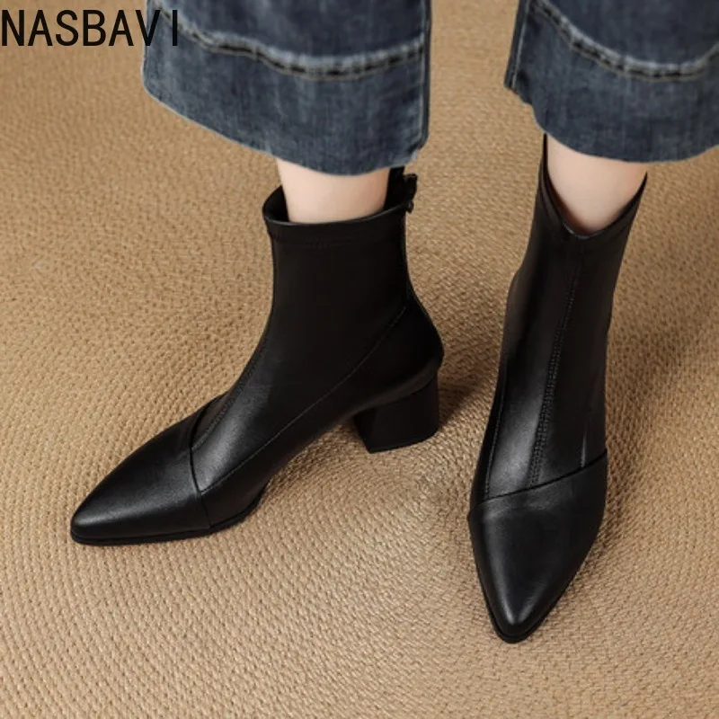 

Новые весенние пикантные ботинки челси с острым носком, толстый каблук, молния сзади, женская обувь из микрофибры для отдыха, удобная гладкая обувь