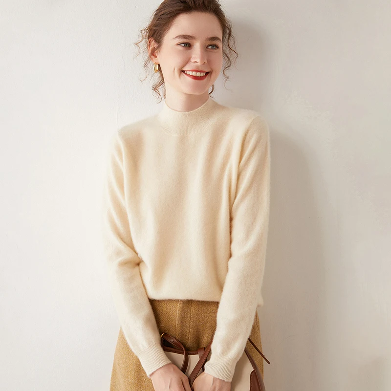 

High Quality Mock Neck Pullover Autumn Winter Women's Solid Color 100% Cashmere Sweater Basics Knitwear Classic Versatile 2025