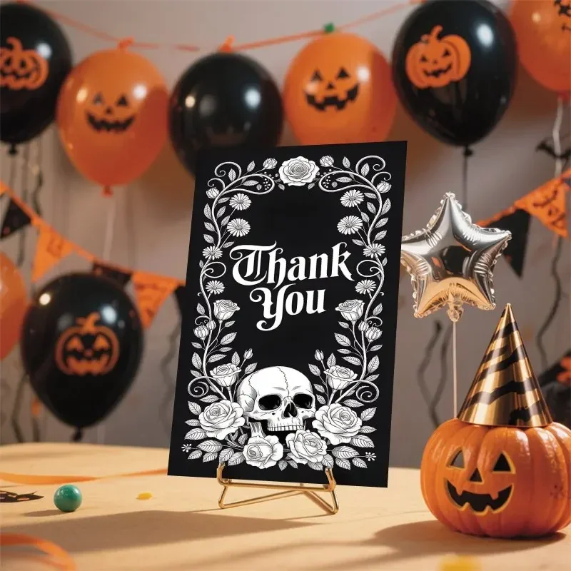 100pcs Gothic Style Horror Witch Themed Thank-you Cards with Skeletons and Flowers, Suitable for Parties and Gatherings