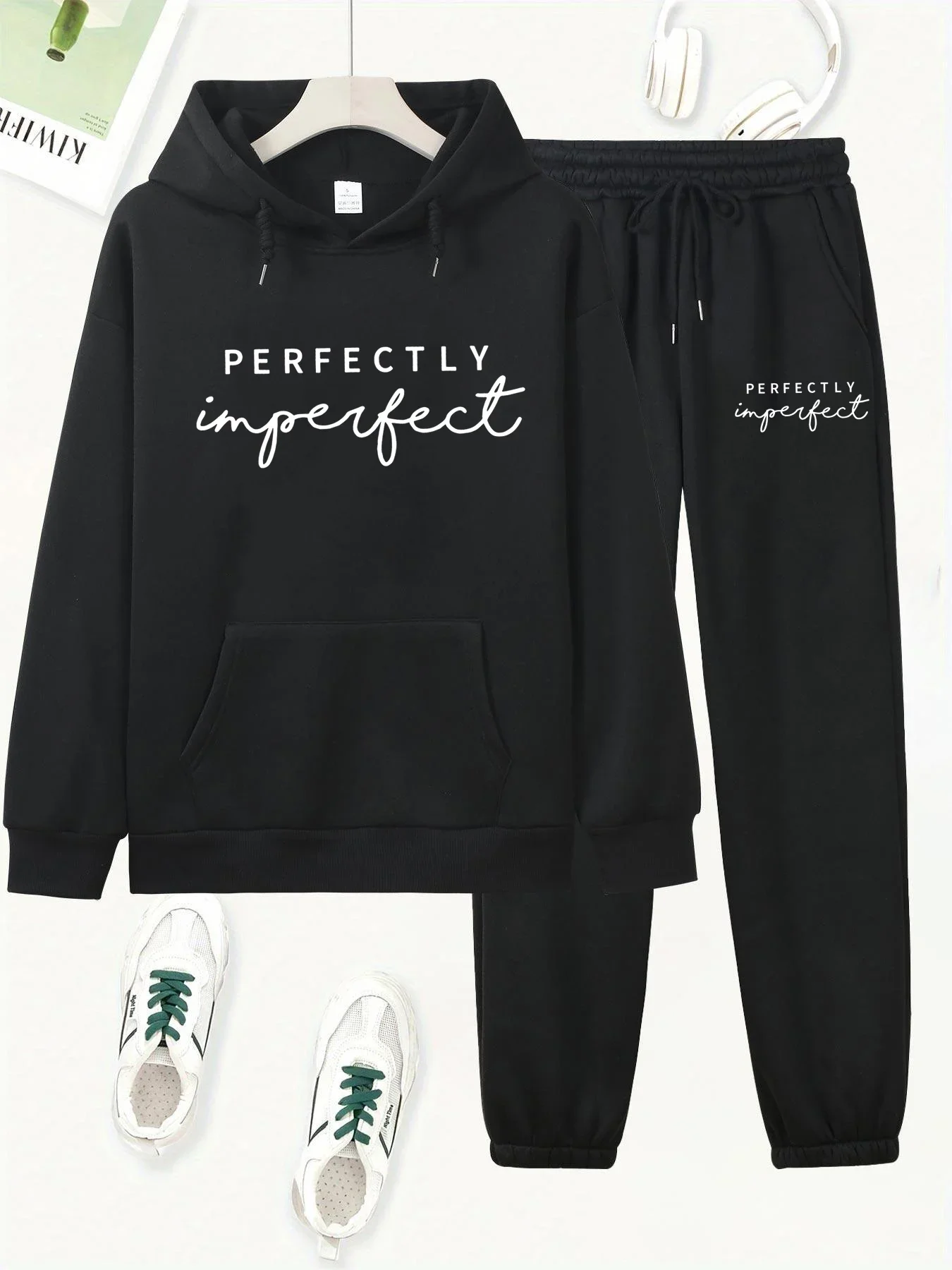 

Women's autumn and winter fashionable casual PERFECTLY letter printed thick fleece warm hooded sweatshirt+sports pants set