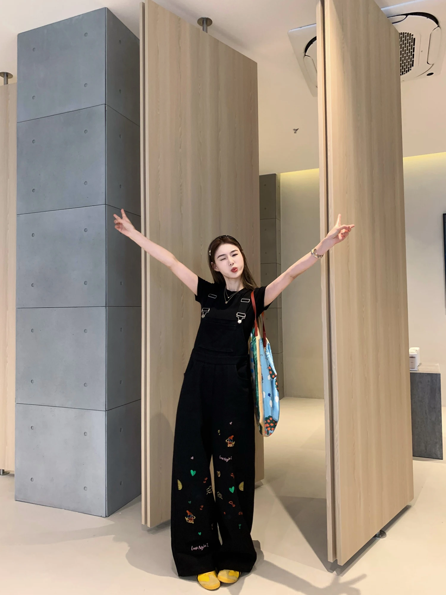 

Женские повседневные брюки-комбинезон из хлопка с вышивкой, с высокой талией, прямого кроя, в корейском стиле, для работы и повседневной носки