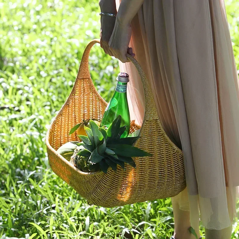 Cesta de Picnic grande para exteriores, cestas de flores tejidas de ratán de imitación, estuche de almacenamiento multifuncional, asas prácticas, bandeja de frutas