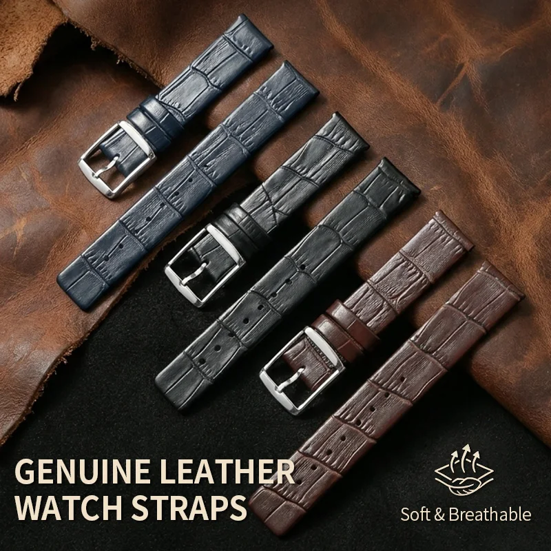 First-Layer Classic Bamboo Texture Cowhide Leather Strap 18/20/22mm Adjustable Comfortable Needle-Grained Cowhide Replacement Strap