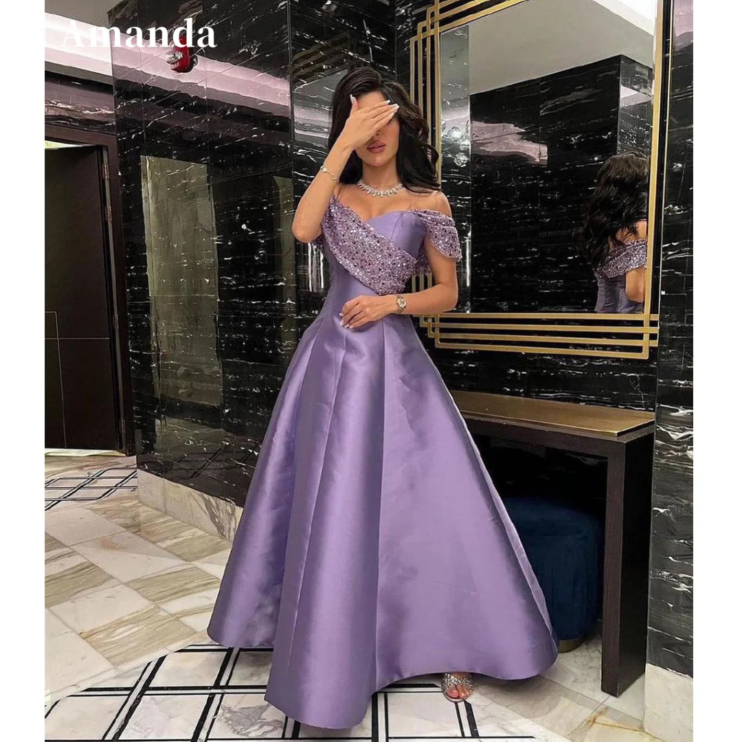 

Amanda Off Shoulder فساتين سهرة Sequin A-line Satin Vestidos De Fiesta Silk Lilac Purple Vestidos De Noche