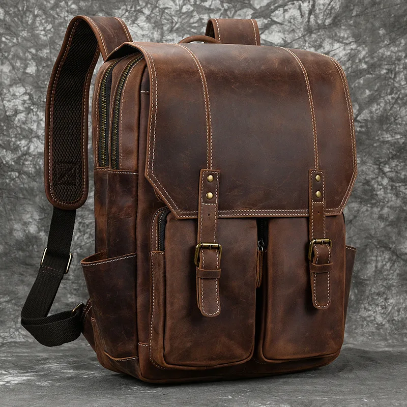 Business Men's Bag Retro Crazy Horse leather Backpack Men's leather large Capacity Flip Backpack Outdoor leisure Travel Bag