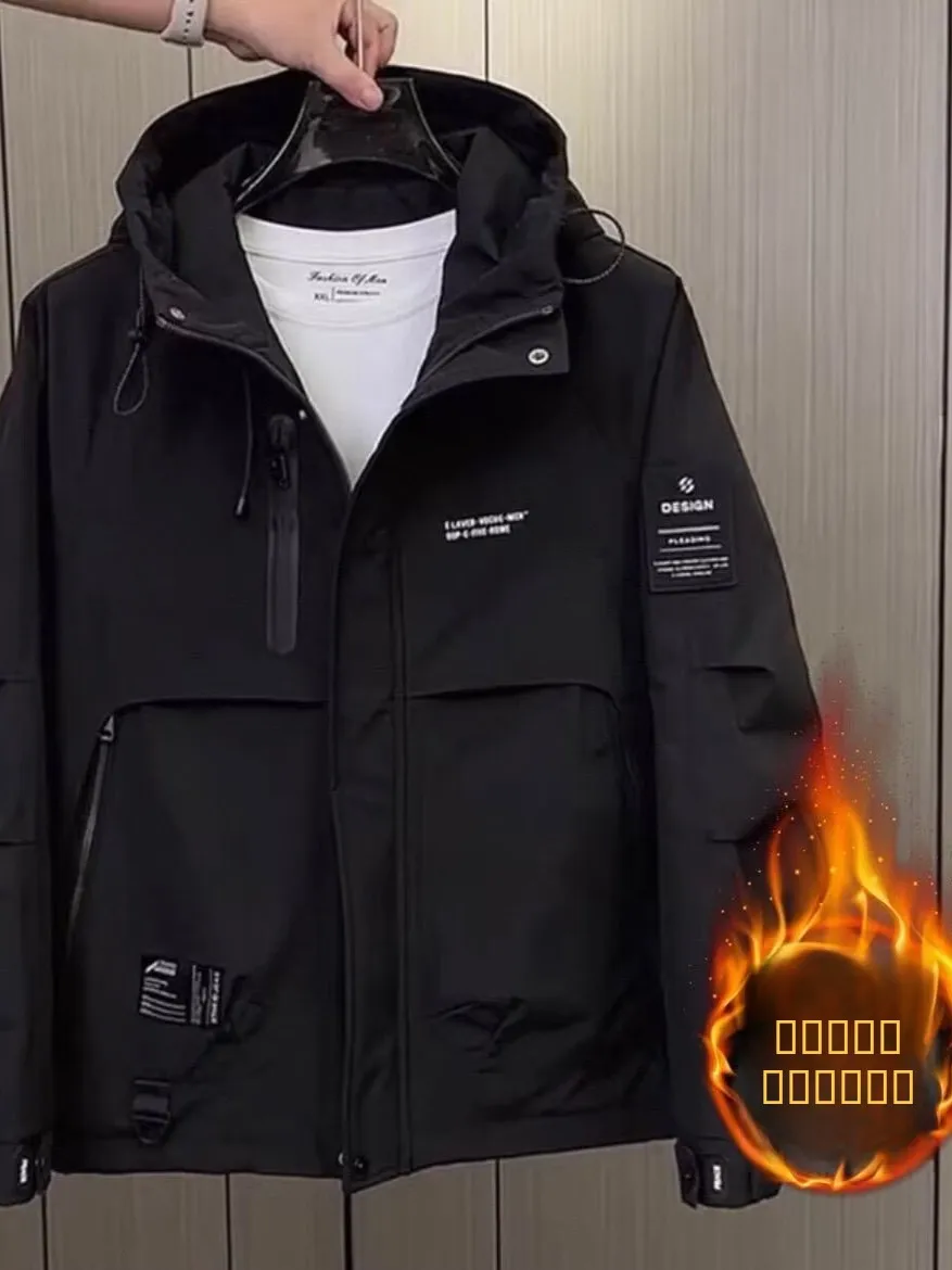 

Men's Casual Cotton Jaet Hooded Zipper Closure Windproof Youth Faion Stand Fit Winter Coat Long Sve Polyester Fiber