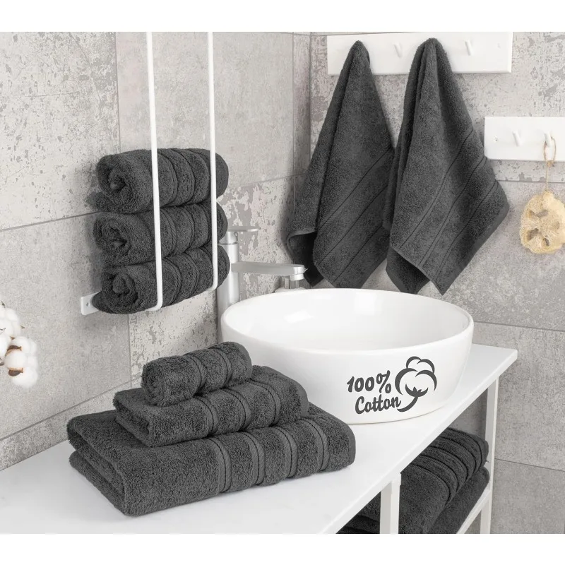 Luxury 6 Piece Towel Set, 2 Bath Towels 2 Hand Towels 2 Washcloths, 100% Cotton Turkish Towels for Bathroom,Dark Gray Towel Sets