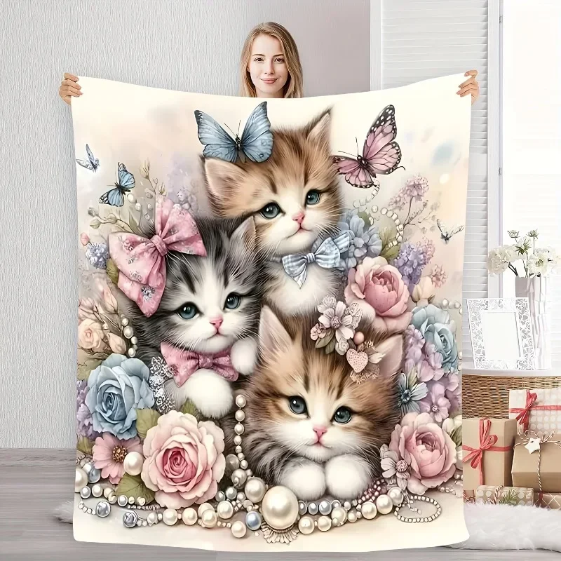 Thin Blanket Comfortable Cute Cat Animal Peony Flower Butterfly Noble Luxurious Elegant Theme Pattern Printed Flannel Blanket