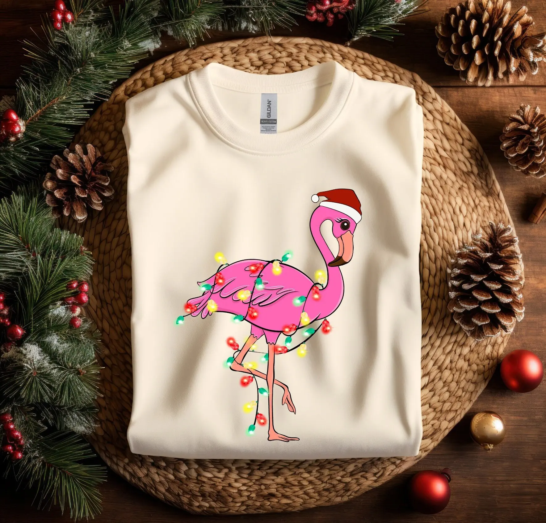 Christmas Flamingo Light T Shirt Santa Hat Outfit Funny Lights