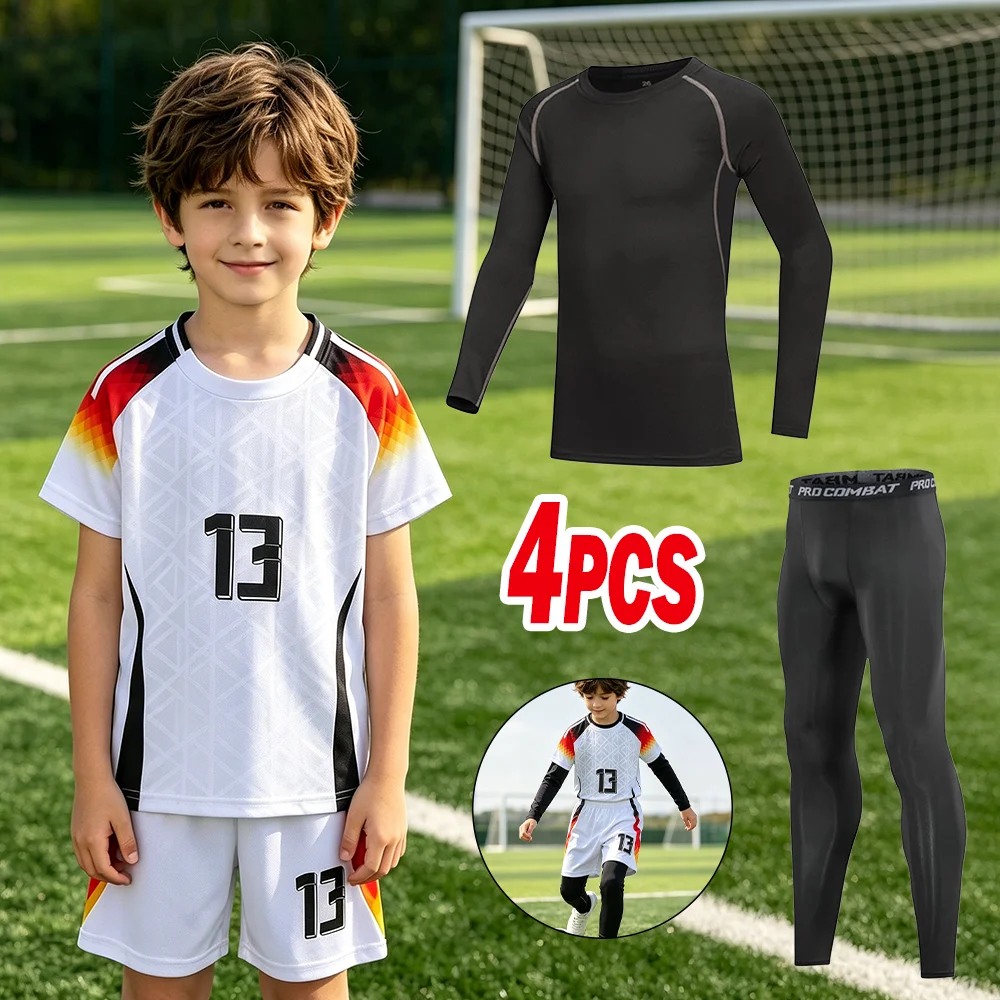 4Pcs Soccer Jersey Kids Football Jersey Set +Black Stretchy Workout Set Children's Sports Uniforms Breathable Quick-dry 3-13Y