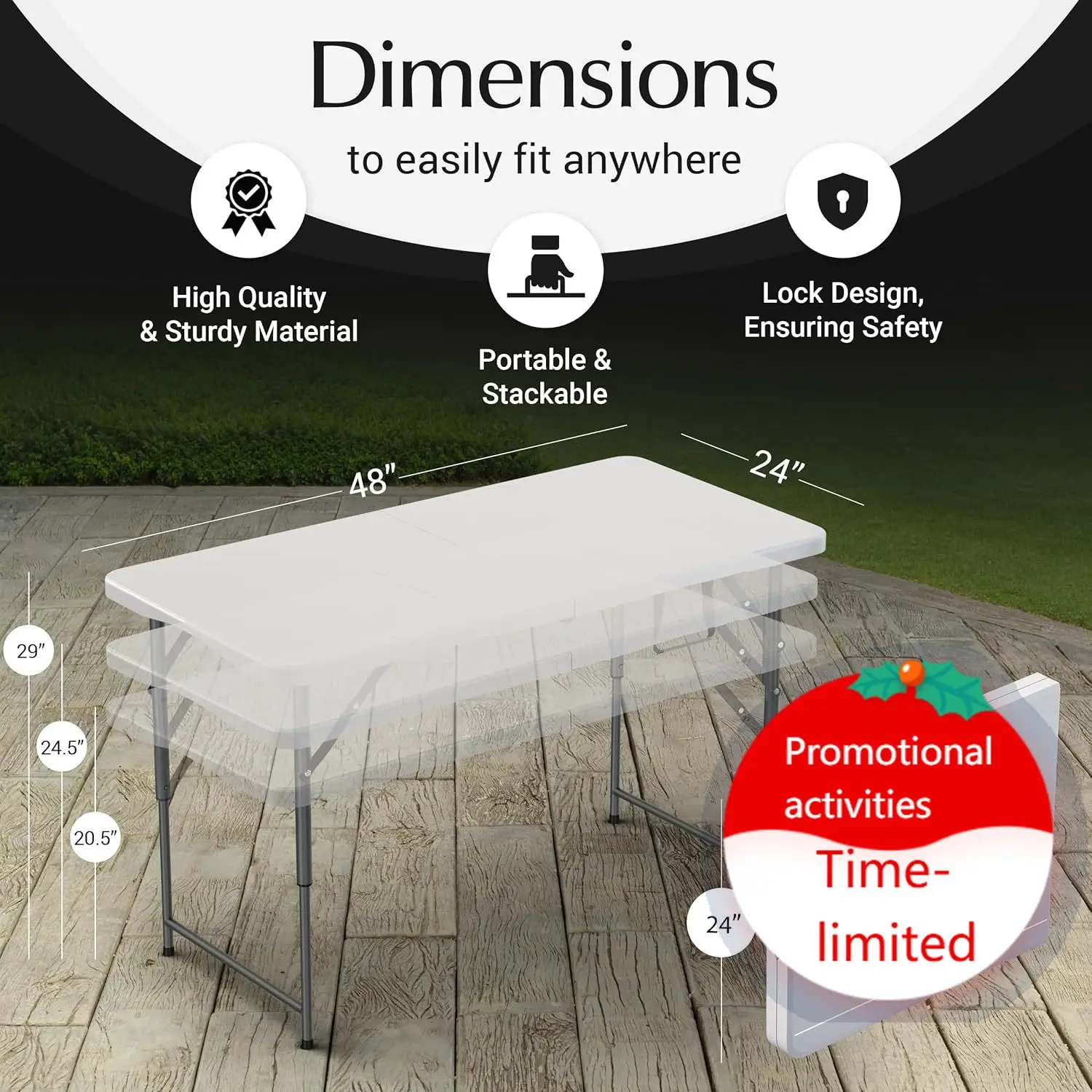 

4 Feet Foldable Table Adjustable Height with Built in Handle, Steel Legs | 4FT Heavy Duty Portable | Perfect for Party Dining We