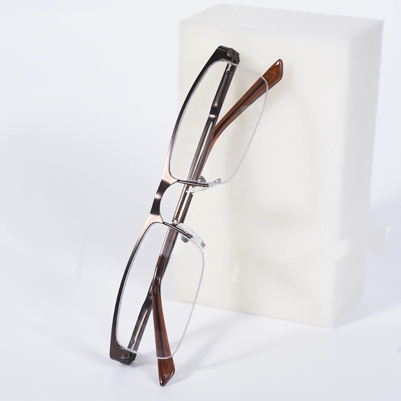 Braune Farbe Metallbrille Quadratischer Halbrahmen Business Casual Anti-Blaulicht-Lesebrille Herren verschreibungspflichtig Legierung +125