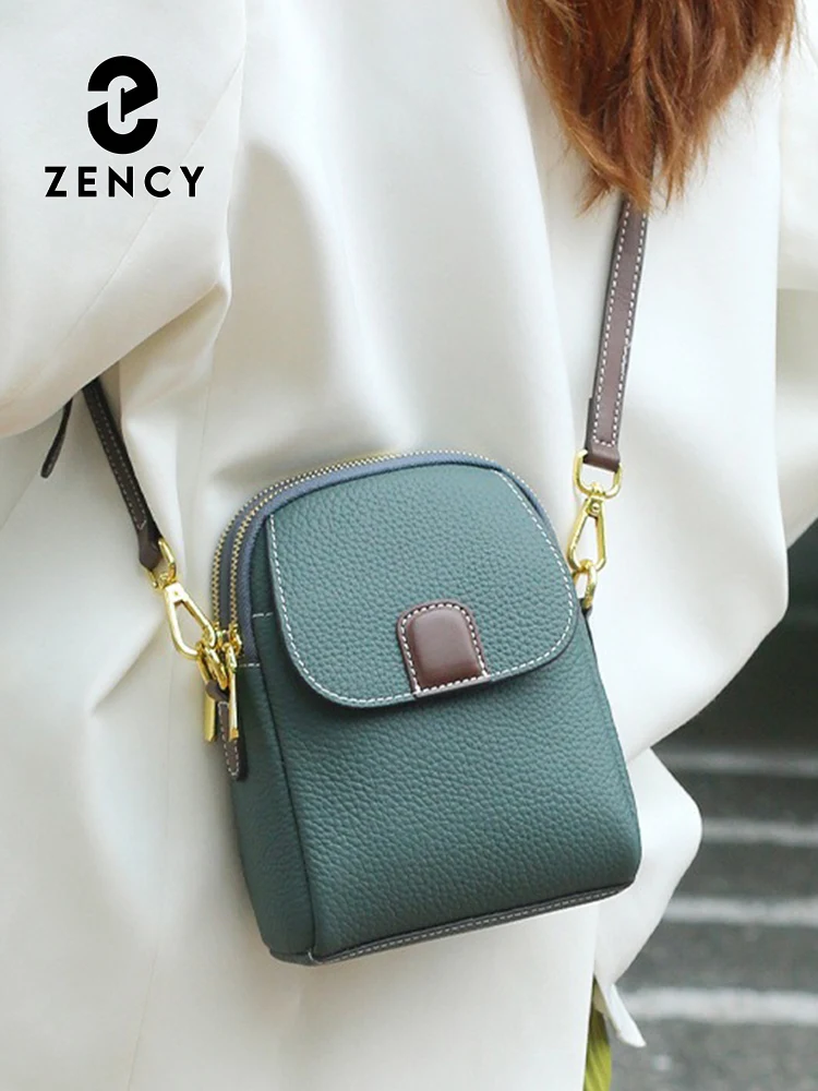 Zency Linen Blue 100% Genuine Leather Fashion Women Crossbody Bag Phone Lady Shoulder Handbag Large Capaciy Phone Purse