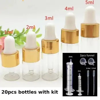 20 قطعة مع عدة زجاجات قطارة صغيرة زجاجية فارغة زجاجات عطرية للزيوت العطرية 1 مللي 2 مللي 3 مللي 5 مللي زجاجات ماصات بغطاء ذهبي