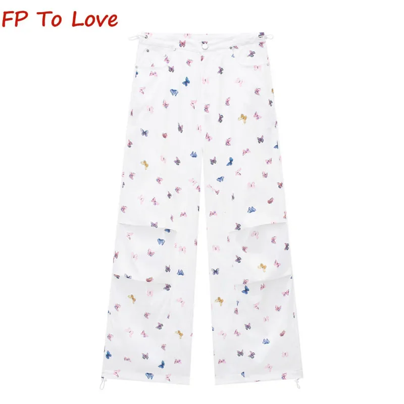 Y2K Spice Girl Butterfly Print Drawstring Wide Leg Work Pants Summer High Waist Loose Drawstring Straight Drag Casual Pants