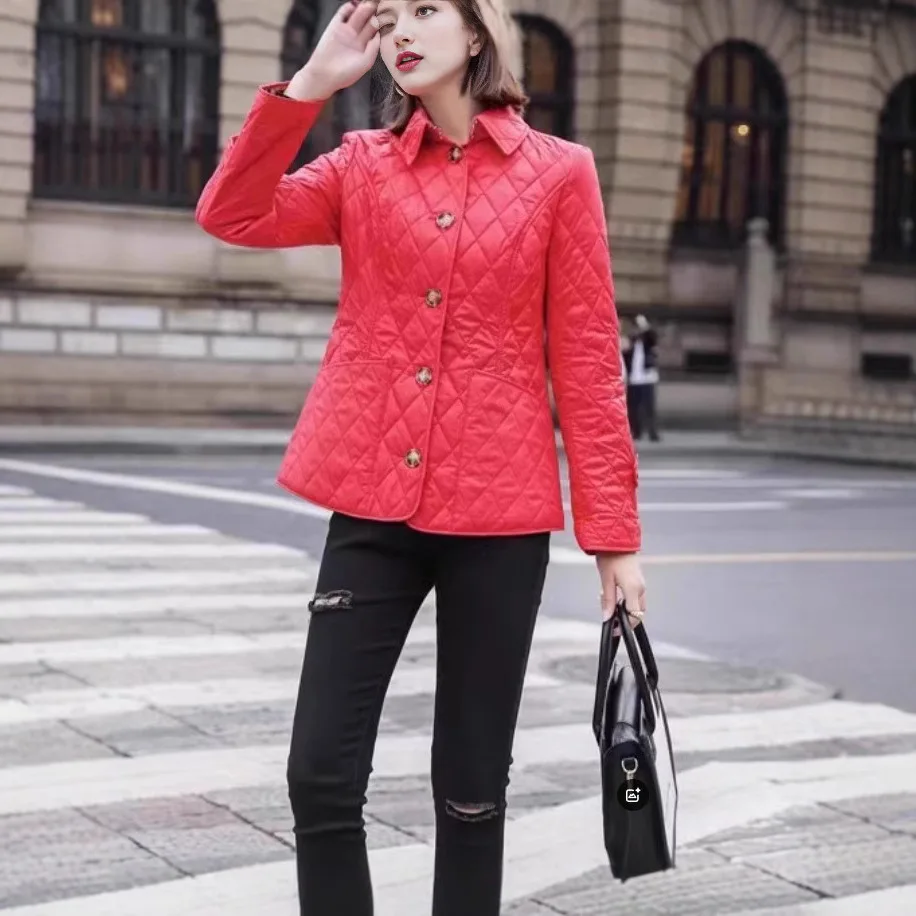 Women's Fashionable Silk Cotton Jacket Long Sleeve Slim Fit Diamond Pattern Turn-down Collar Single Button Warm Spring Coat
