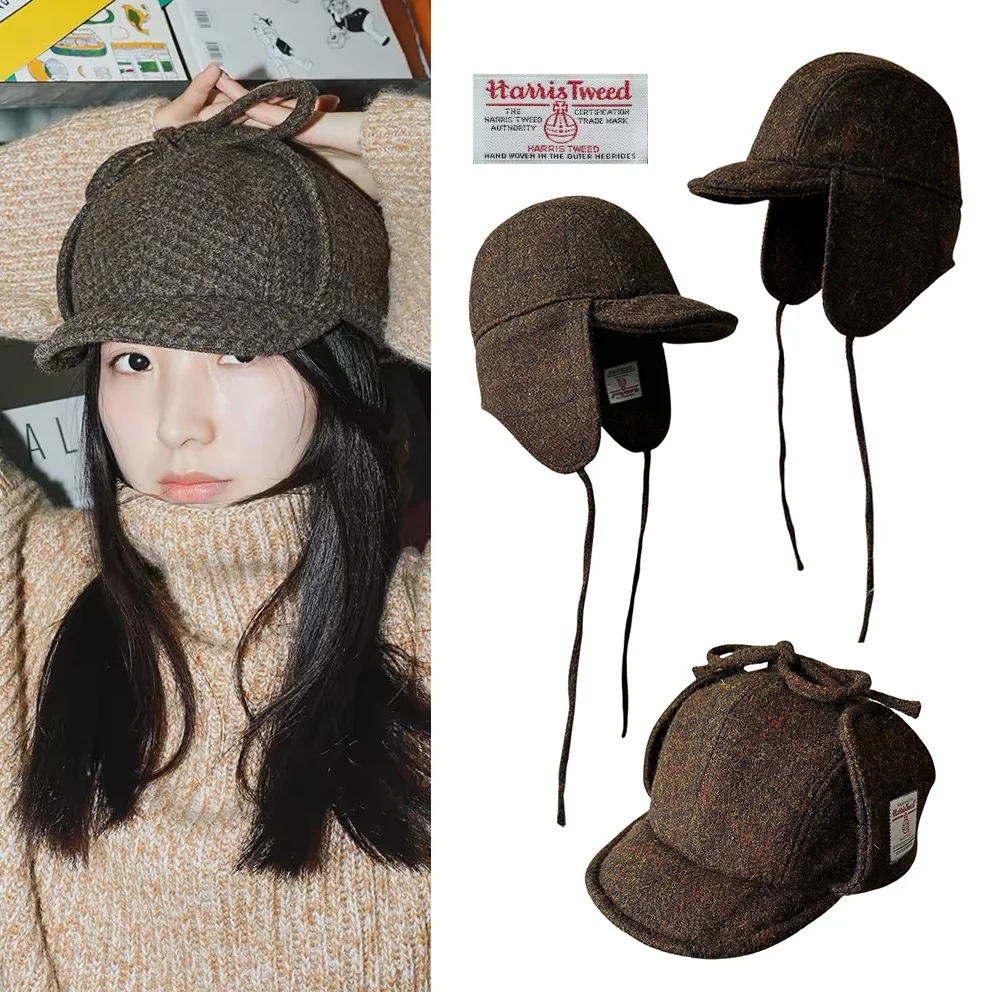 Warm Winter Harris Tweed Aviator Trapper Hat Plaid Wool Wind‑Resistant Ear Flap Hat for Outdoor Use