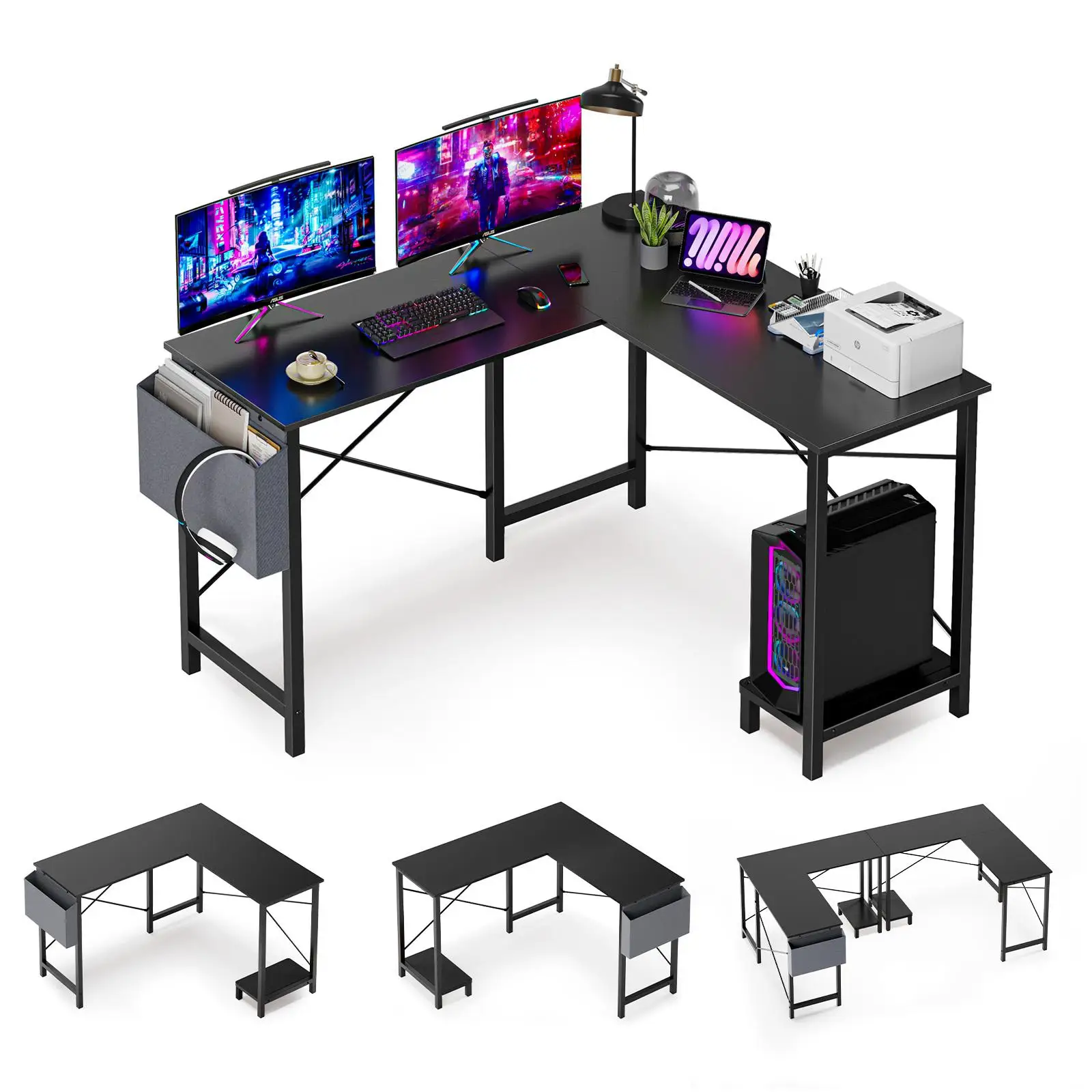 L Shaped Computer Desk Corner Workstation PC Table with CPU Stand Storage Side Bag Sturdy Gaming Desk Writing Study Table for Home Office Bedroom Dormitory Space Saving Furniture