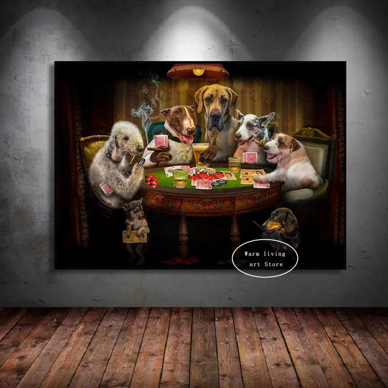 Funny Style Bulldog Dogs Playing Billiard Play Card Smoking Cigar Art Poster Canvas Painting Wall Prints Picture Room Home Decor