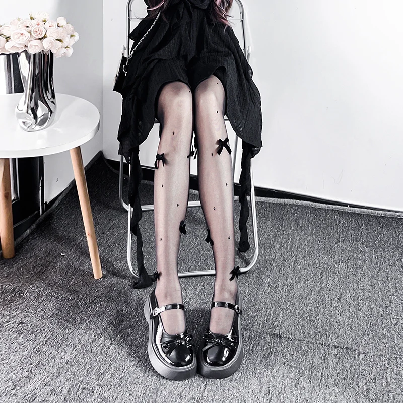 White Stockings With Calf Straps Pearl Bowknot Pantyhose For Women's Lolita Japanese Sweet Girl Summer Thin Style Tights Socks