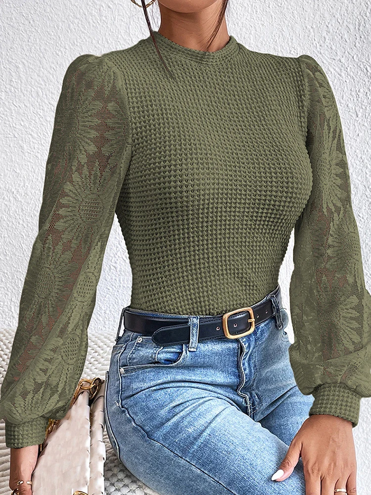 Elegant Lace Women\'s Sweater Fashion Knitted Long Sleeve Tops Casual Pink O-neck Pullovers Autumn Winter New In Knitwears 2023