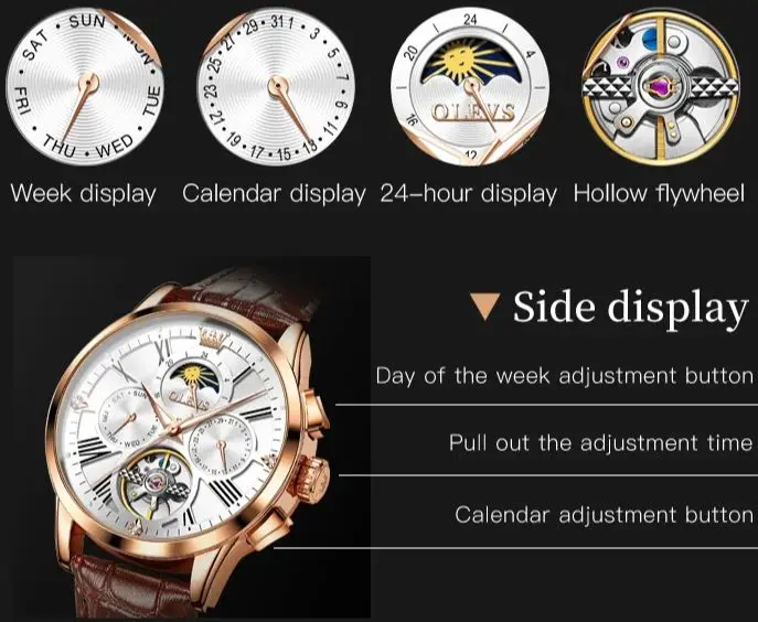 OLEVS التلقائي ساعة اليد الميكانيكية للرجال ، حزام من الجلد مقاوم للماء ، توربيون ساعة الهيكل العظمي ، والأزياء التجارية ، وأعلى الفاخرة