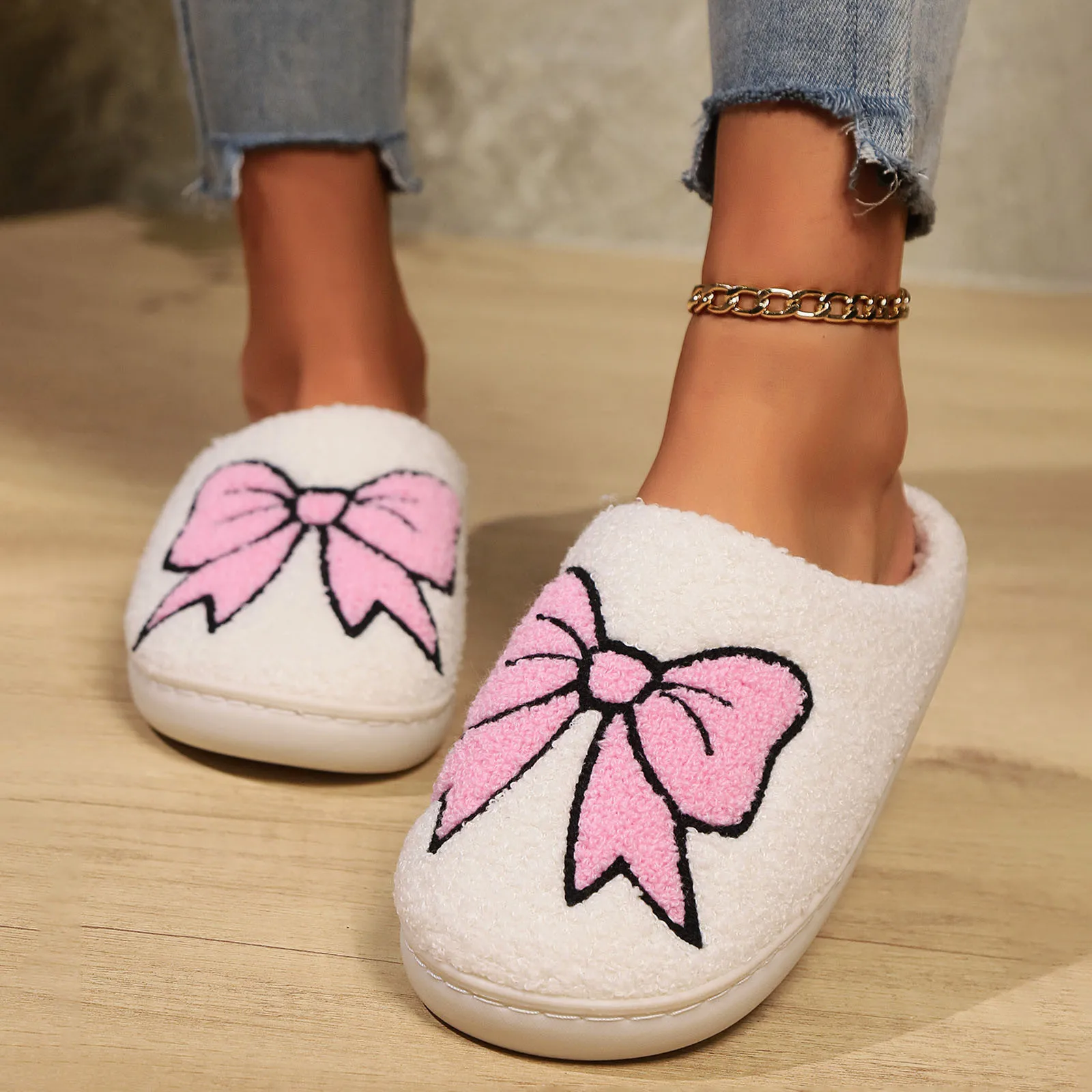 Women's Slippers Winter Indoor Elegant Beauty Bow Home Warm Soft Sole Good Breathability Comfortable Leisure Lady Bedroom Shoes