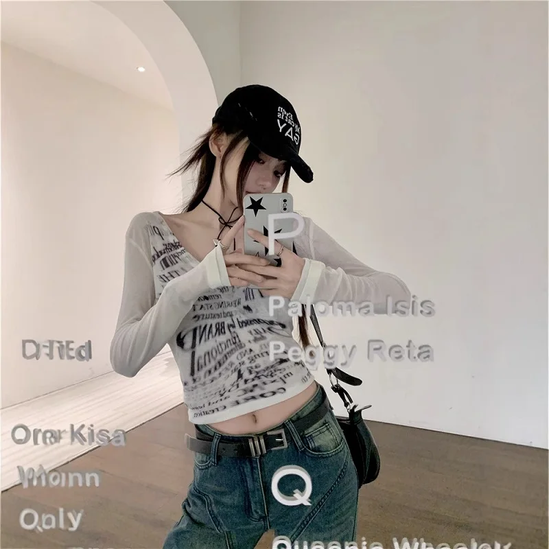 تي شيرت American Spice Girl بأكمام طويلة تي شيرت نسائي صغير للربيع والصيف مع قميص أساسي بتصميم نحيف مع قطع علوية قصيرة قصيرة #3