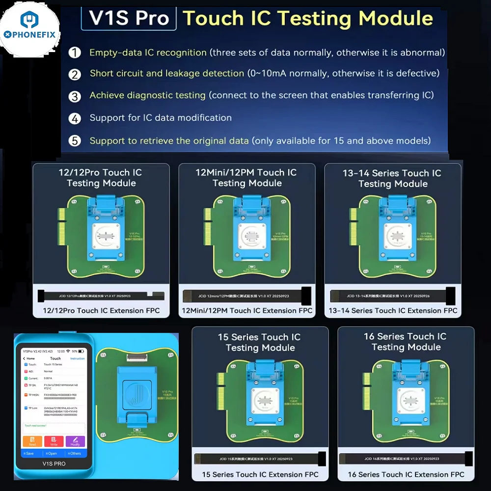 

JCID V1S Pro Сенсорный тестовый модуль IC с удлинительным кабелем для iPhone 12-16 Pro Max Ремонт обнаружения тока утечки короткого замыкания
