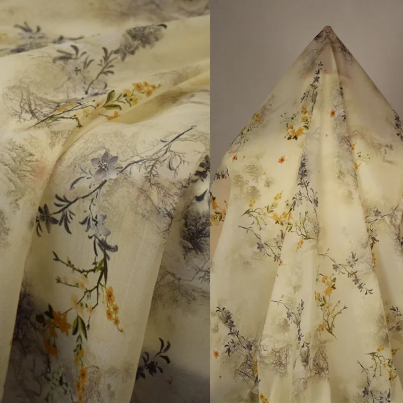 

Chiffon Fabric for Summer Dress, Cheongsam Han Cloth, Yellow Flower Print, High Quality, Elegant, Wind, Summer Dress, T2019